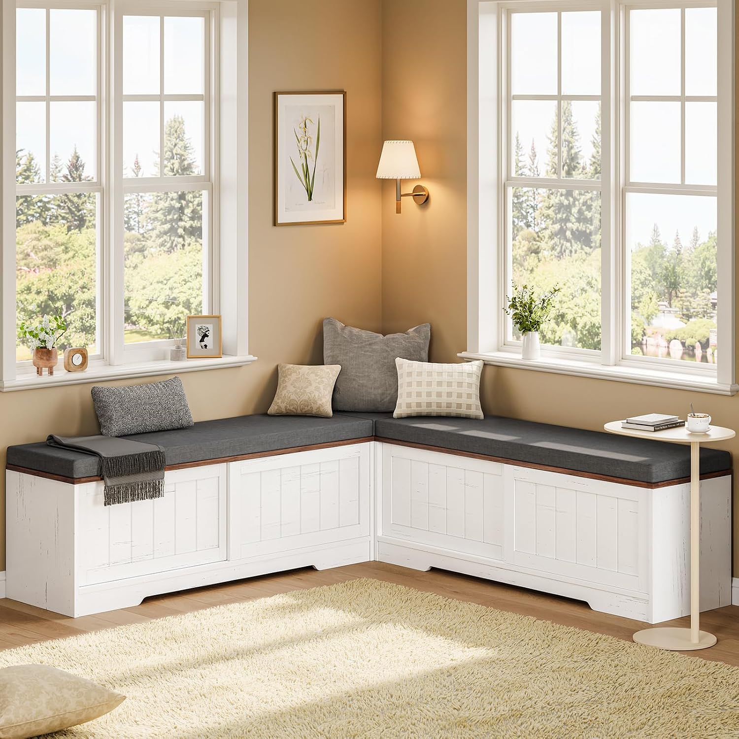 White Brown Farmhouse L-Shaped Storage Bench