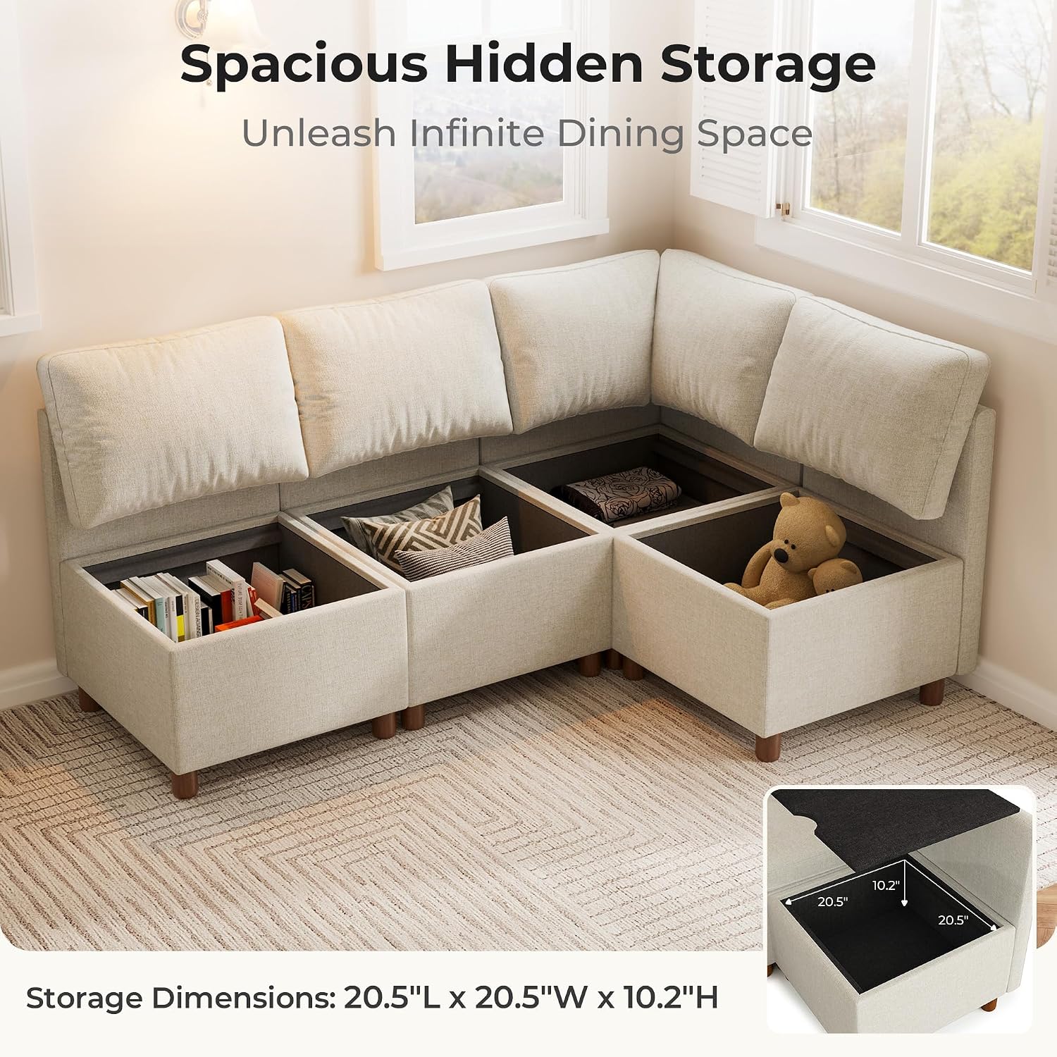 Beige Fabric 4-Seat L-Shaped Dining Nook Set