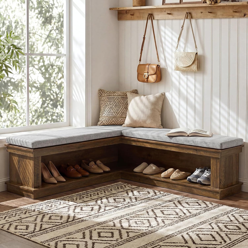 Rustic Brown Beige L-Shaped Storage Bench