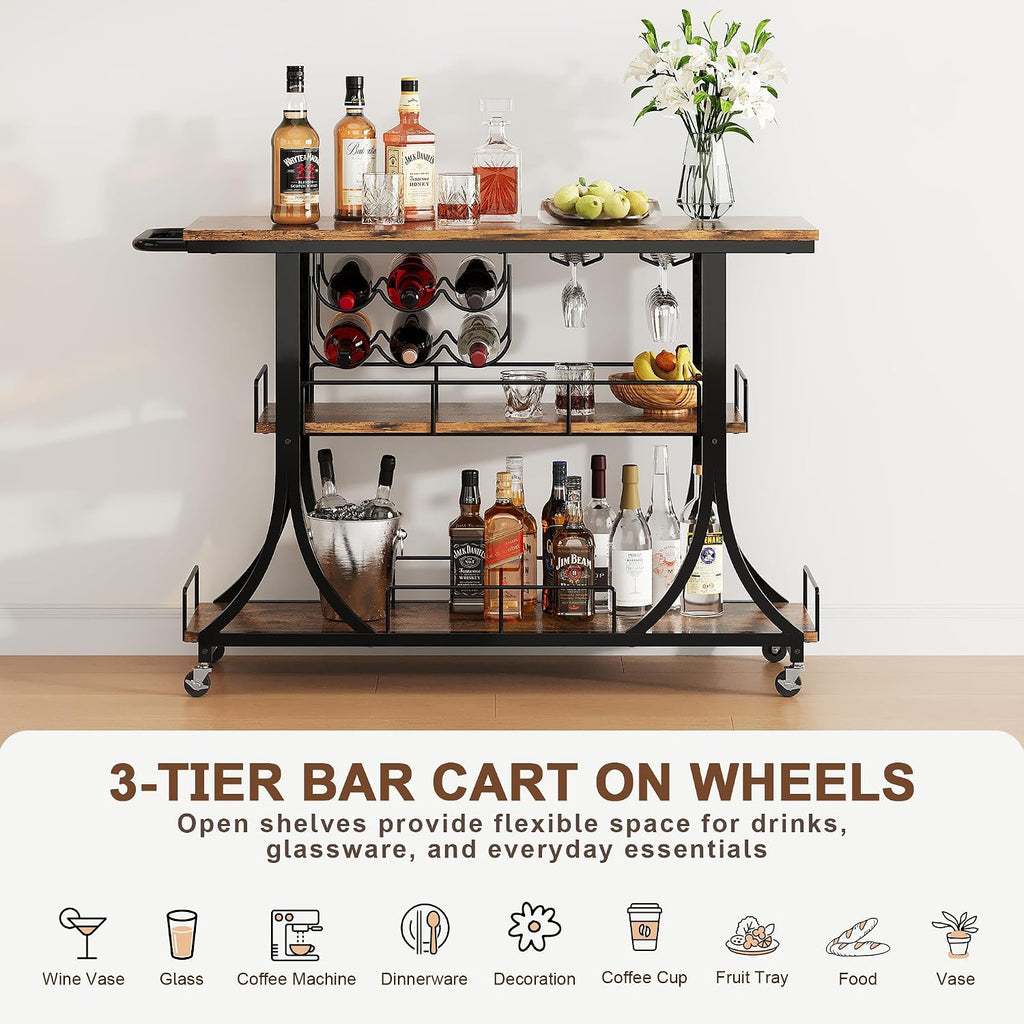 Rustic Wood Farmhouse Rolling Bar Cart