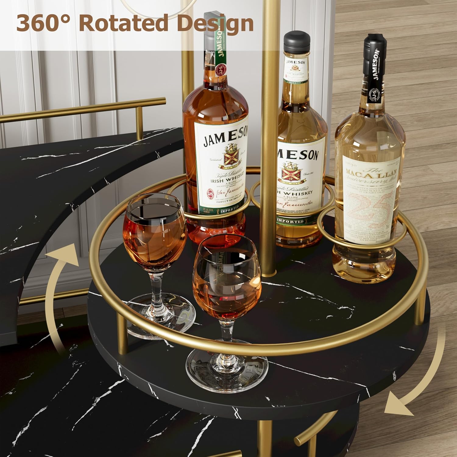 Gold Black 3-Tier Rolling Bar Cart