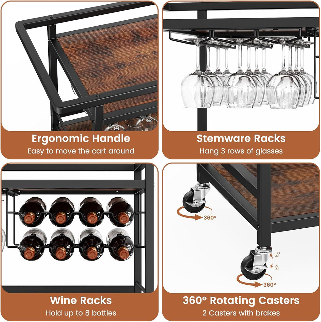 Black Brown 3-Tier Rolling Bar Cart