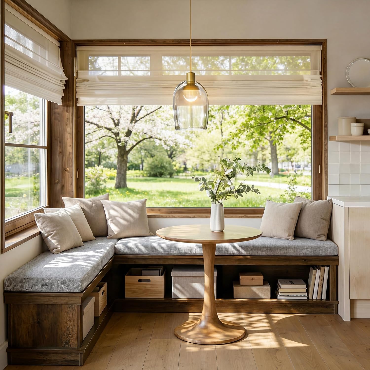 Rustic Brown Beige L-Shaped Storage Bench