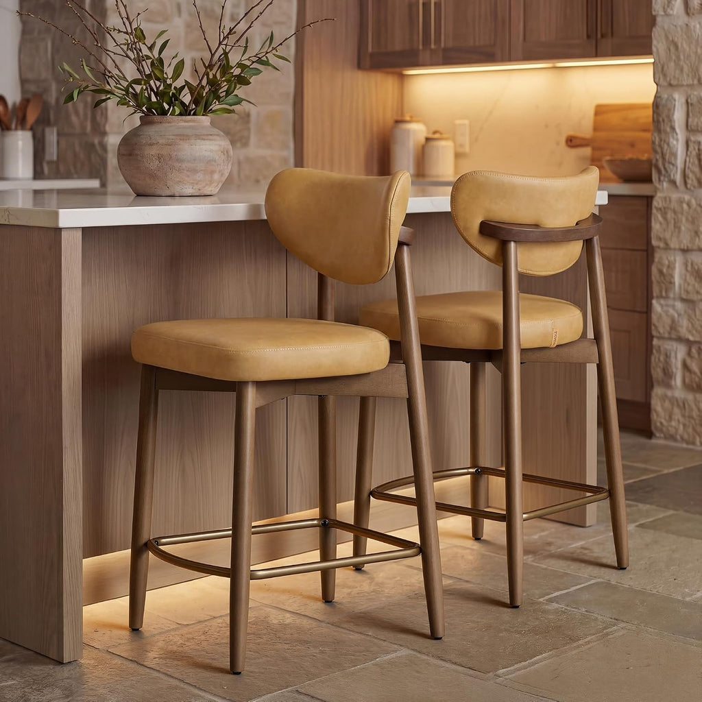 Caramel Brown Faux Leather Counter Bar Stools Set of 2