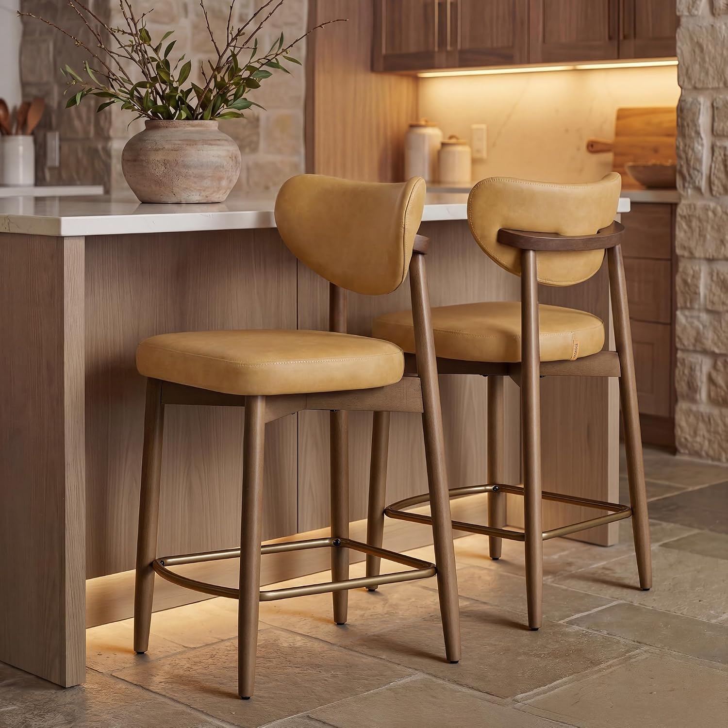 Caramel Brown Faux Leather Counter Bar Stools Set of 2