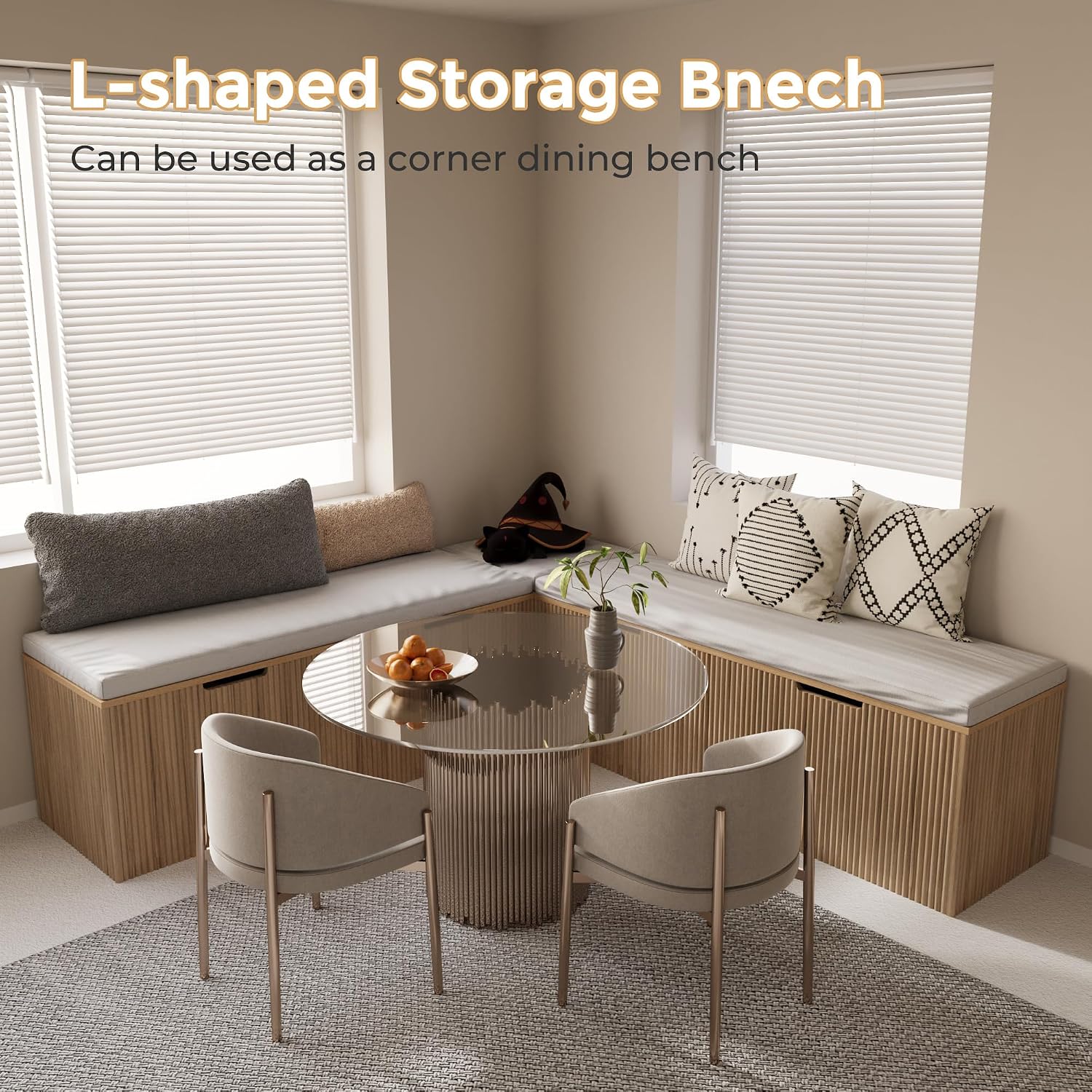 Natural Oak L-Shaped Storage Dining Bench