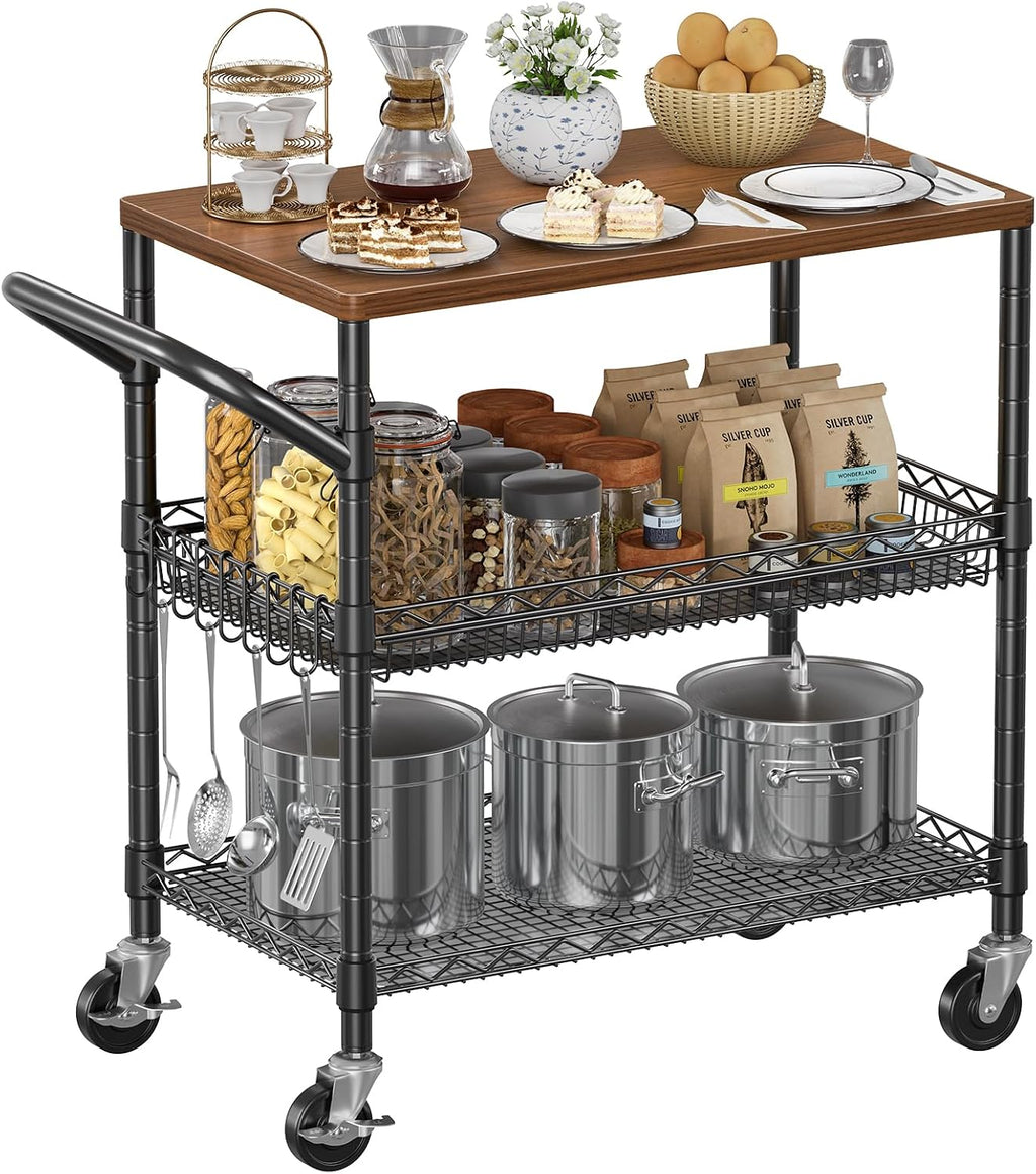 Black Wood Top Rolling Kitchen Cart