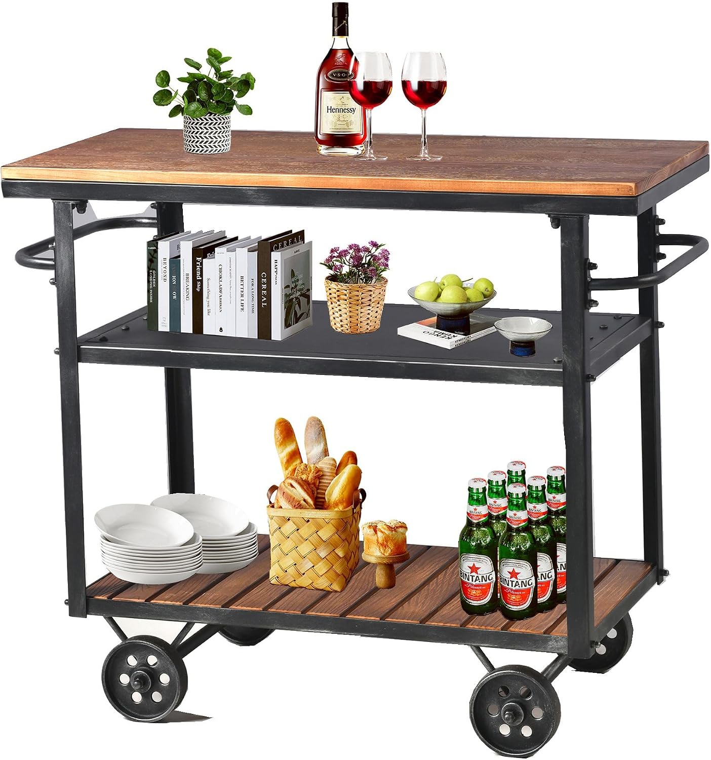 Industrial Wood Rolling Wine Cart