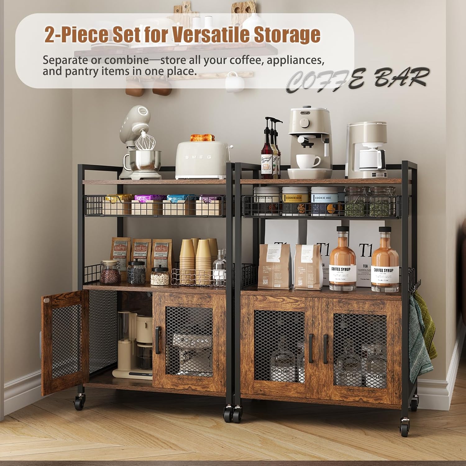 Rustic Brown Rolling Coffee Bar Cabinet
