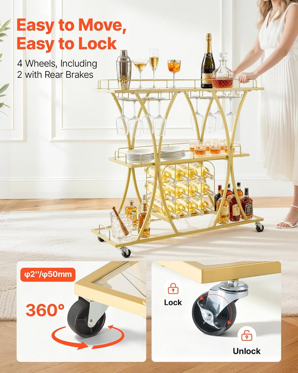 Gold Glass Rolling 3-Tier Bar Cart