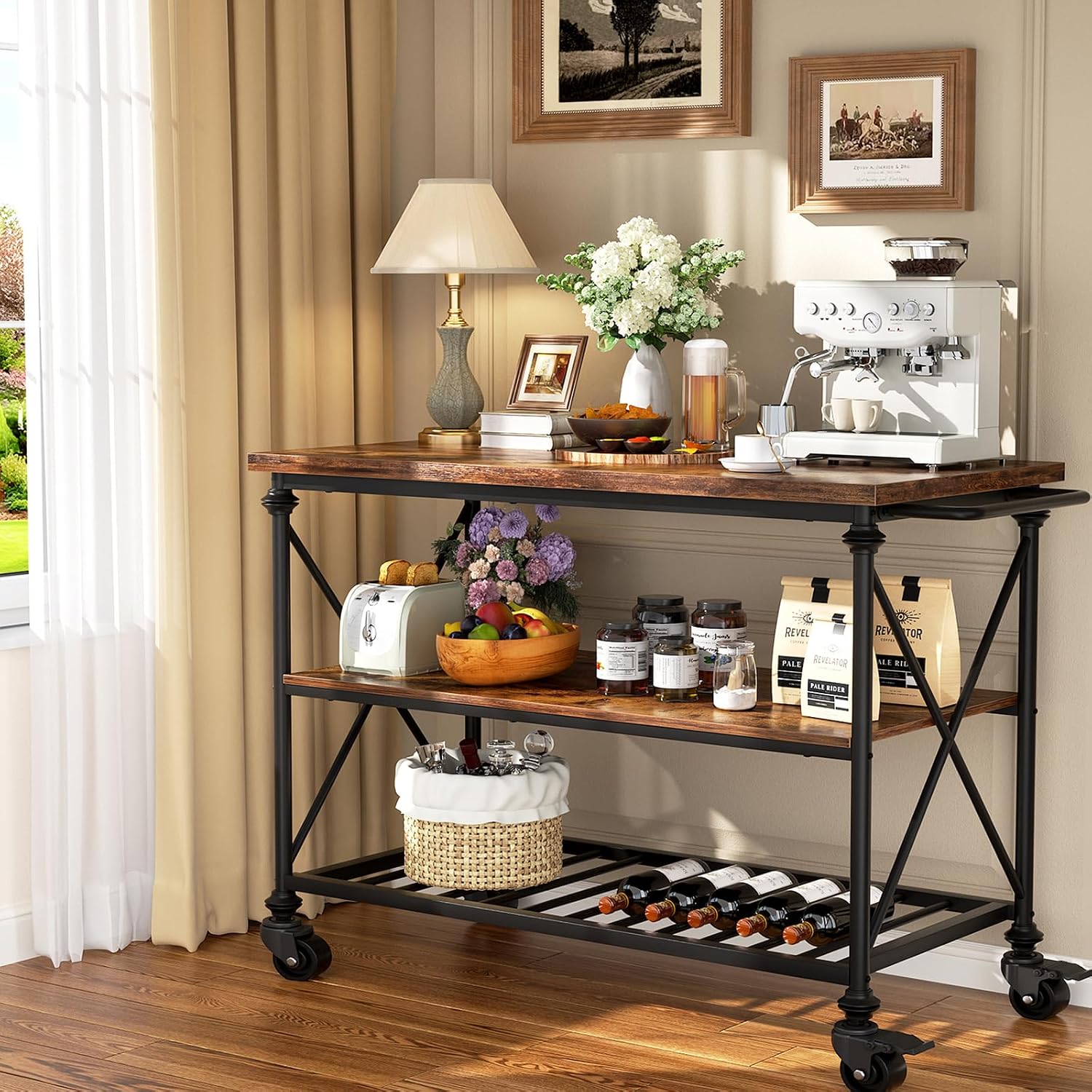Rustic Brown Rolling Kitchen Island Cart