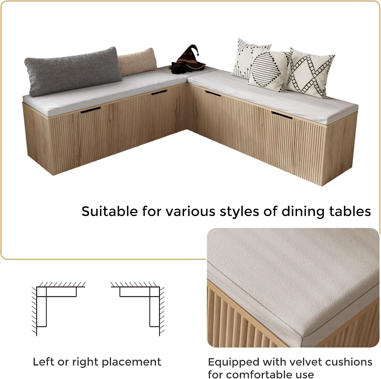 Natural Oak L-Shaped Storage Dining Bench
