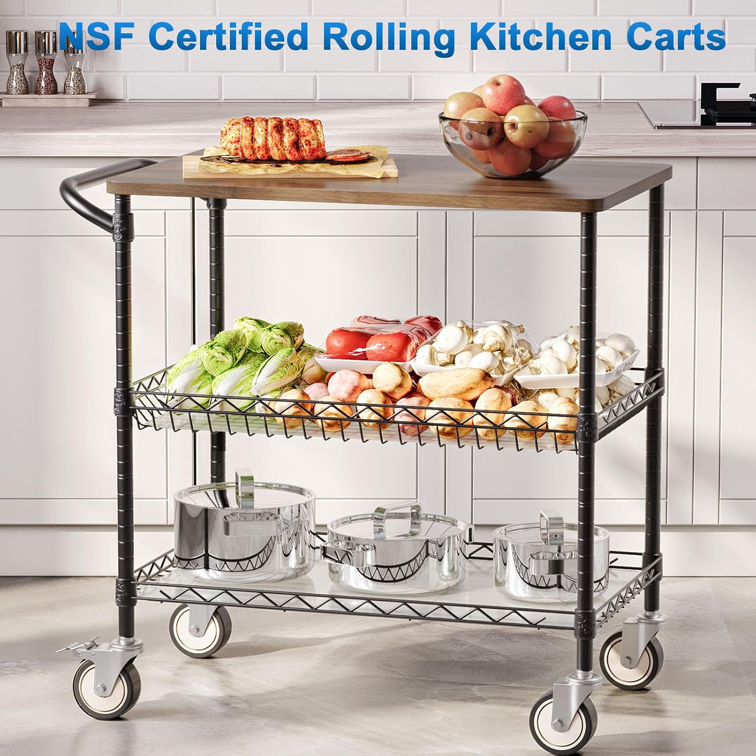 Black Wood Top Kitchen Rolling Cart