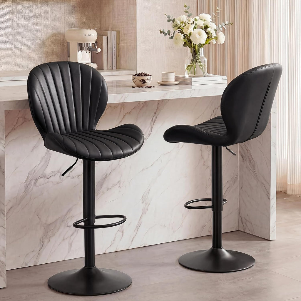 Black Adjustable Swivel Faux Leather Bar Stools Set of 2