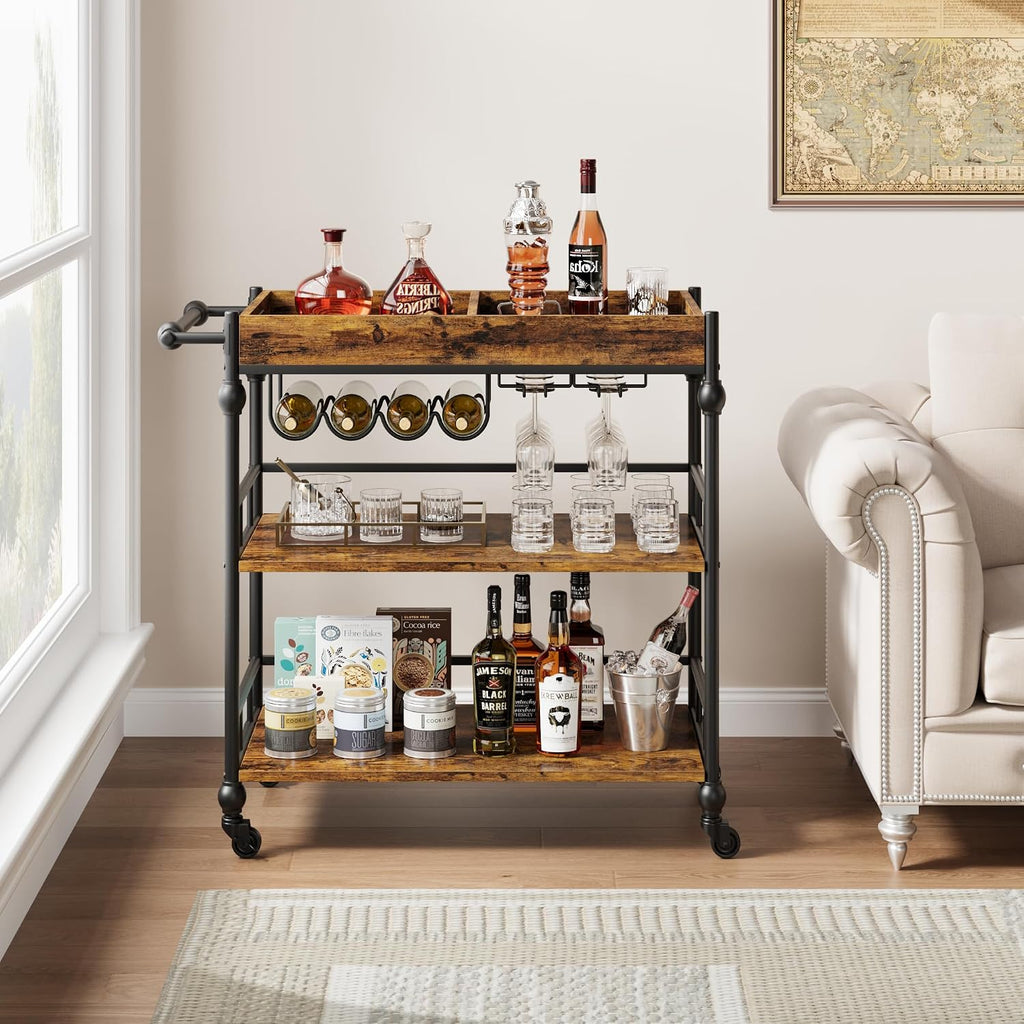 Rustic Brown Rolling Bar Cart