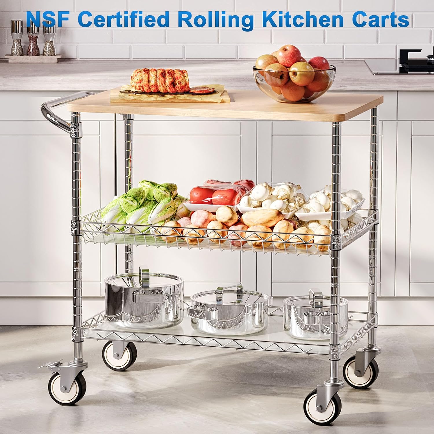 Chrome Rolling 3-Tier Kitchen Cart