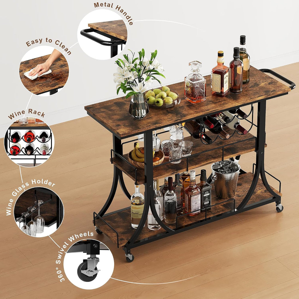 Rustic Wood Farmhouse Rolling Bar Cart