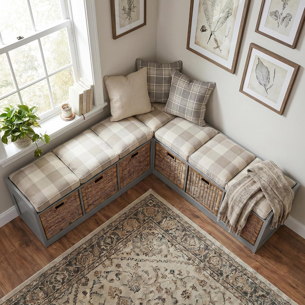 Grey L-Shaped Storage Corner Bench