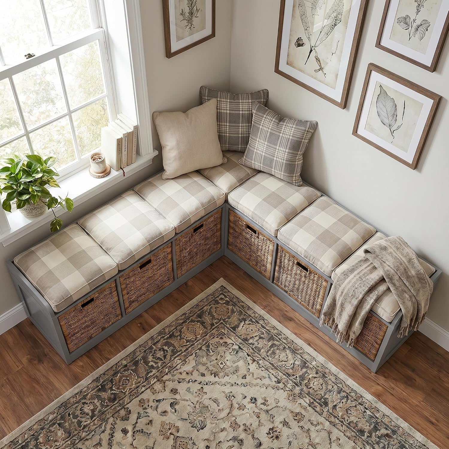 Grey L-Shaped Storage Corner Bench