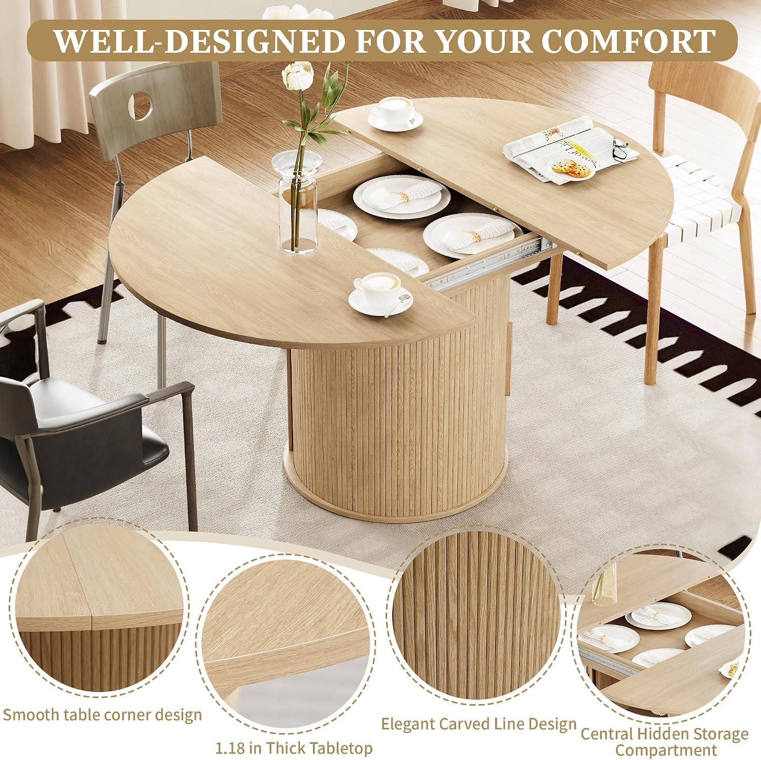 Natural Storage Extendable Dining Table