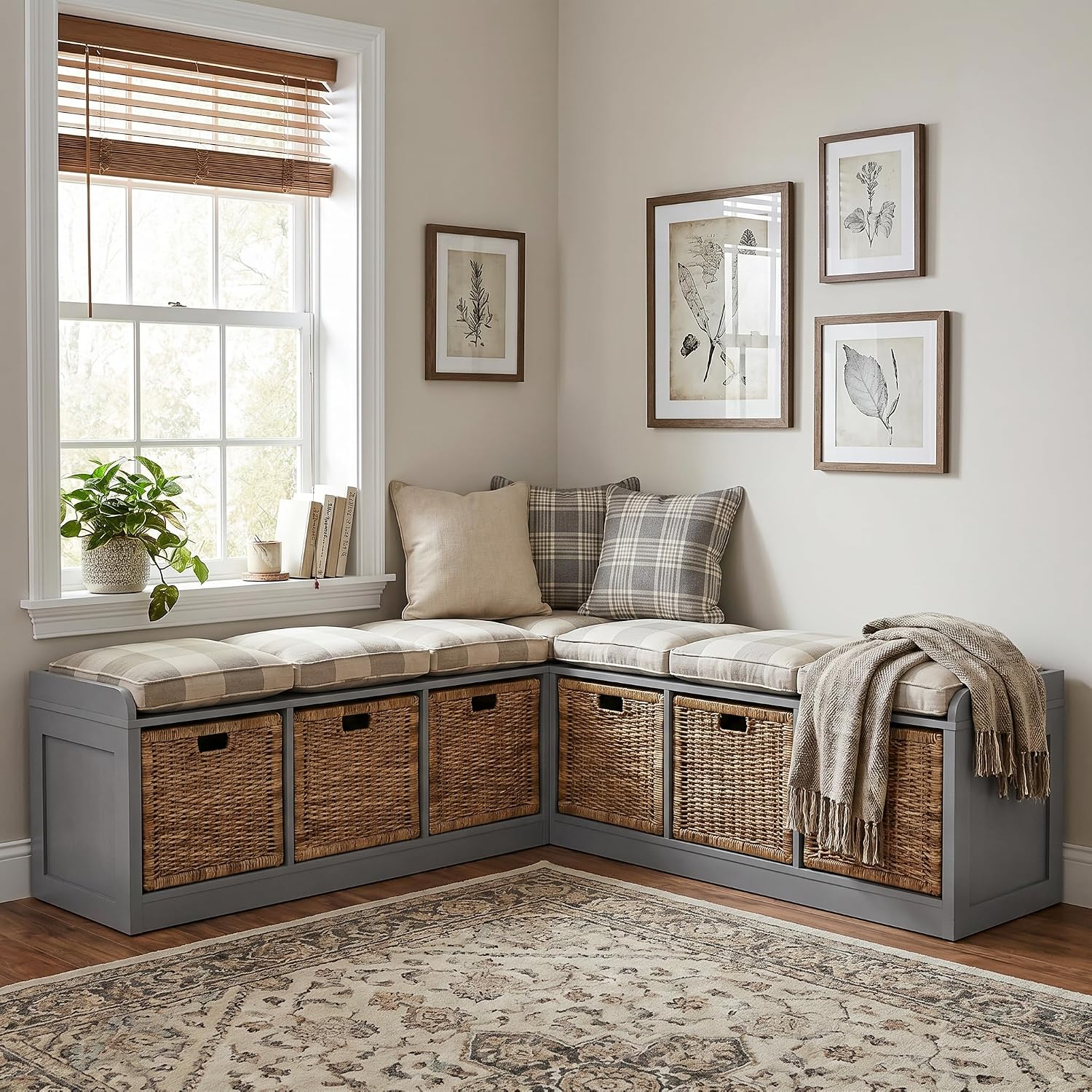 Grey L-Shaped Storage Corner Bench