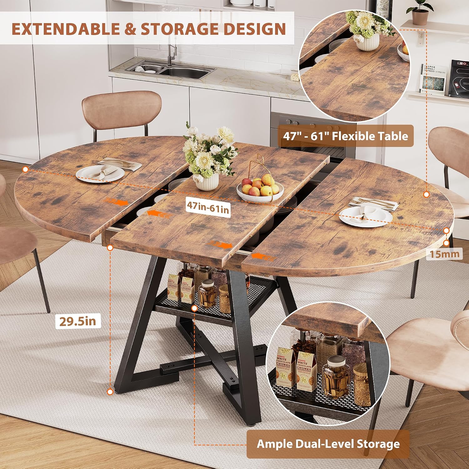 Vintage Extendable Round Oval Dining Table
