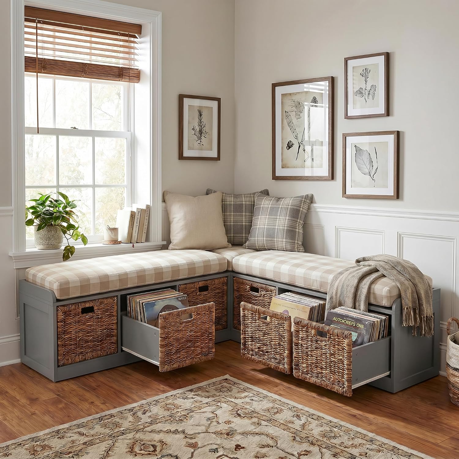 Grey L-Shaped Storage Corner Bench