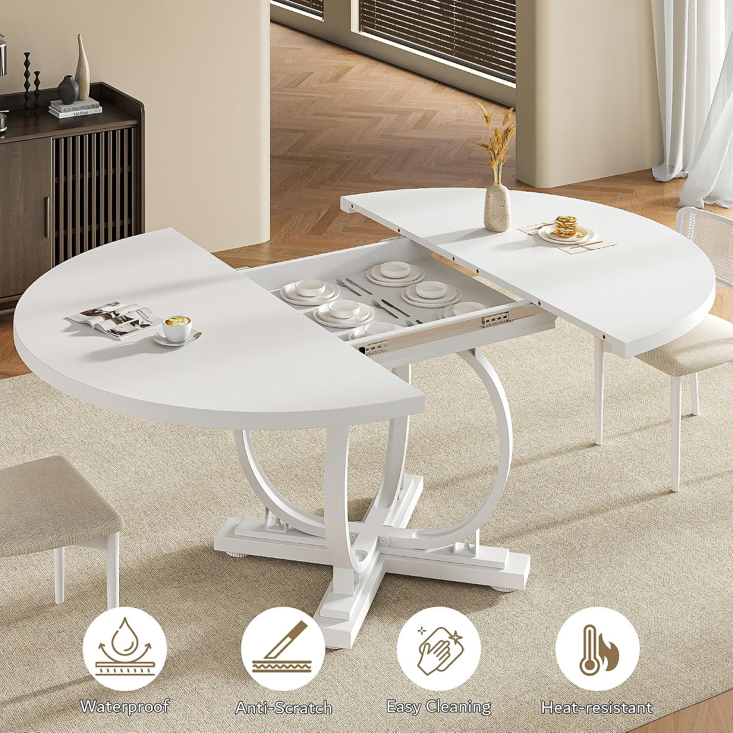 White 59" Extendable Round Oval Dining Table