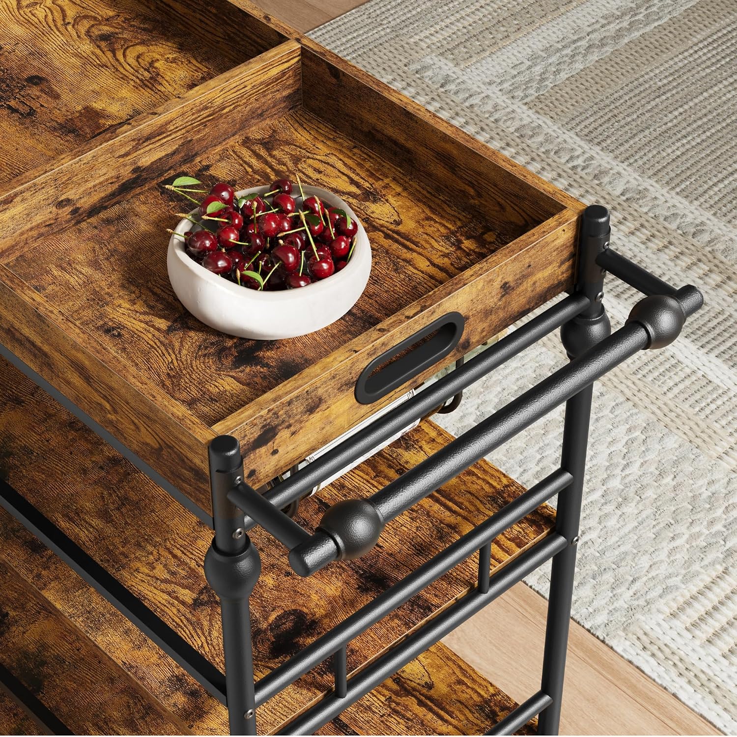 Rustic Brown Rolling Bar Cart