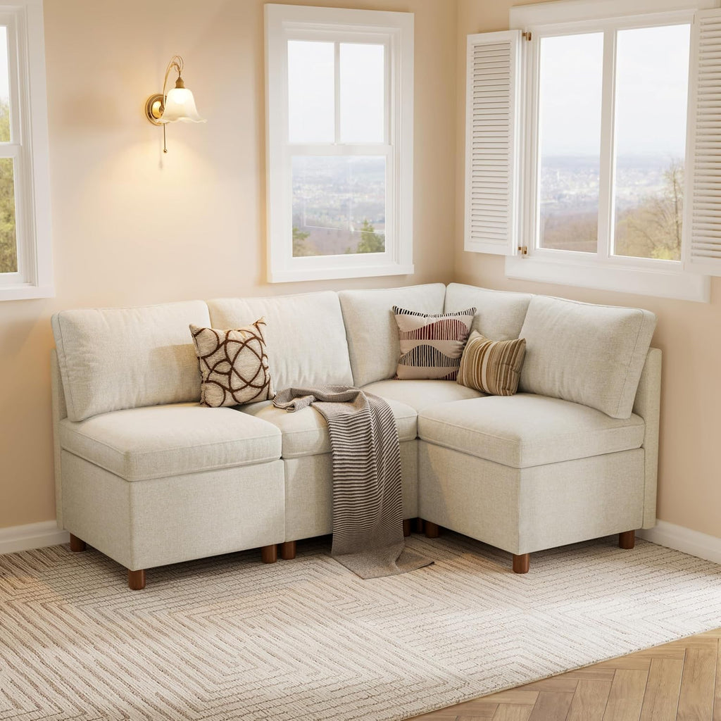 Beige Fabric 4-Seat L-Shaped Dining Nook Set