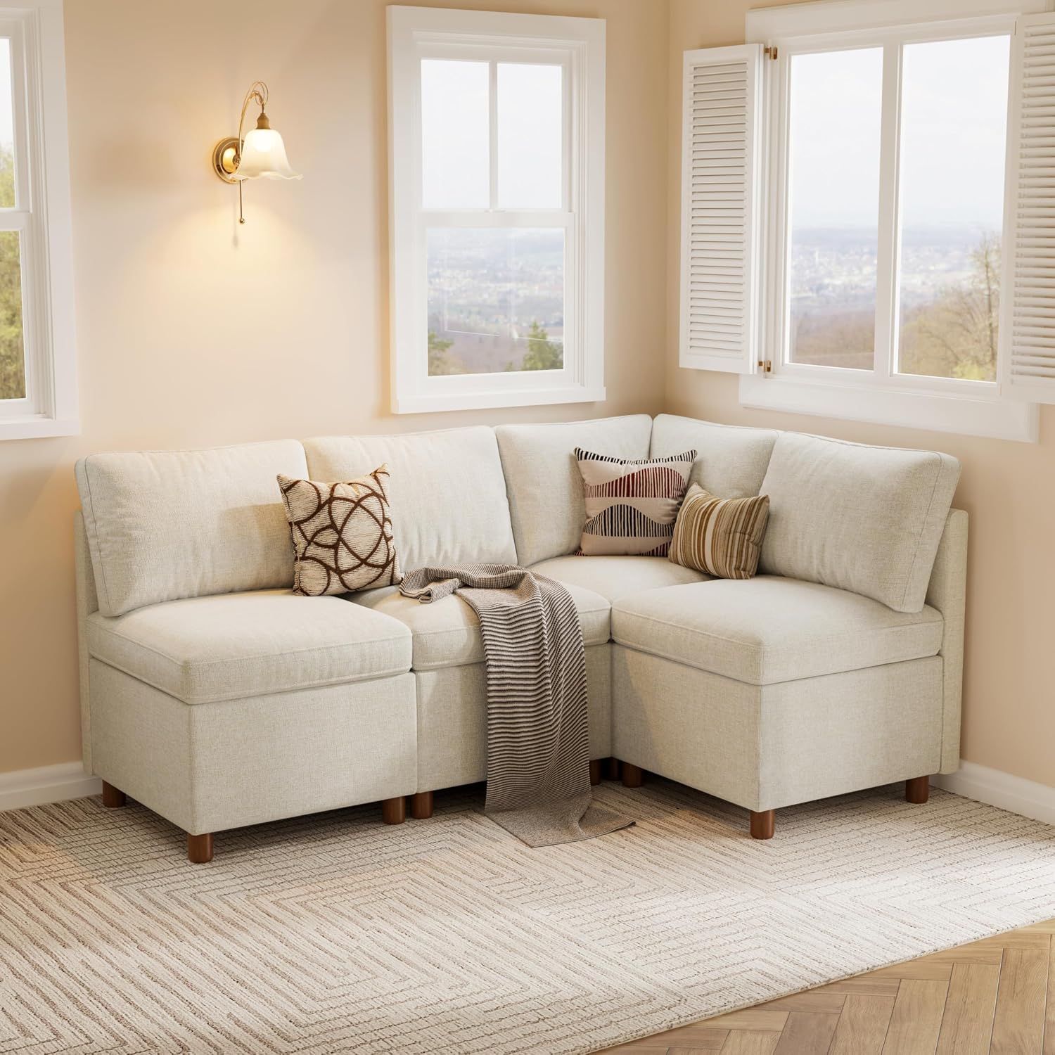 Beige Fabric 4-Seat L-Shaped Dining Nook Set