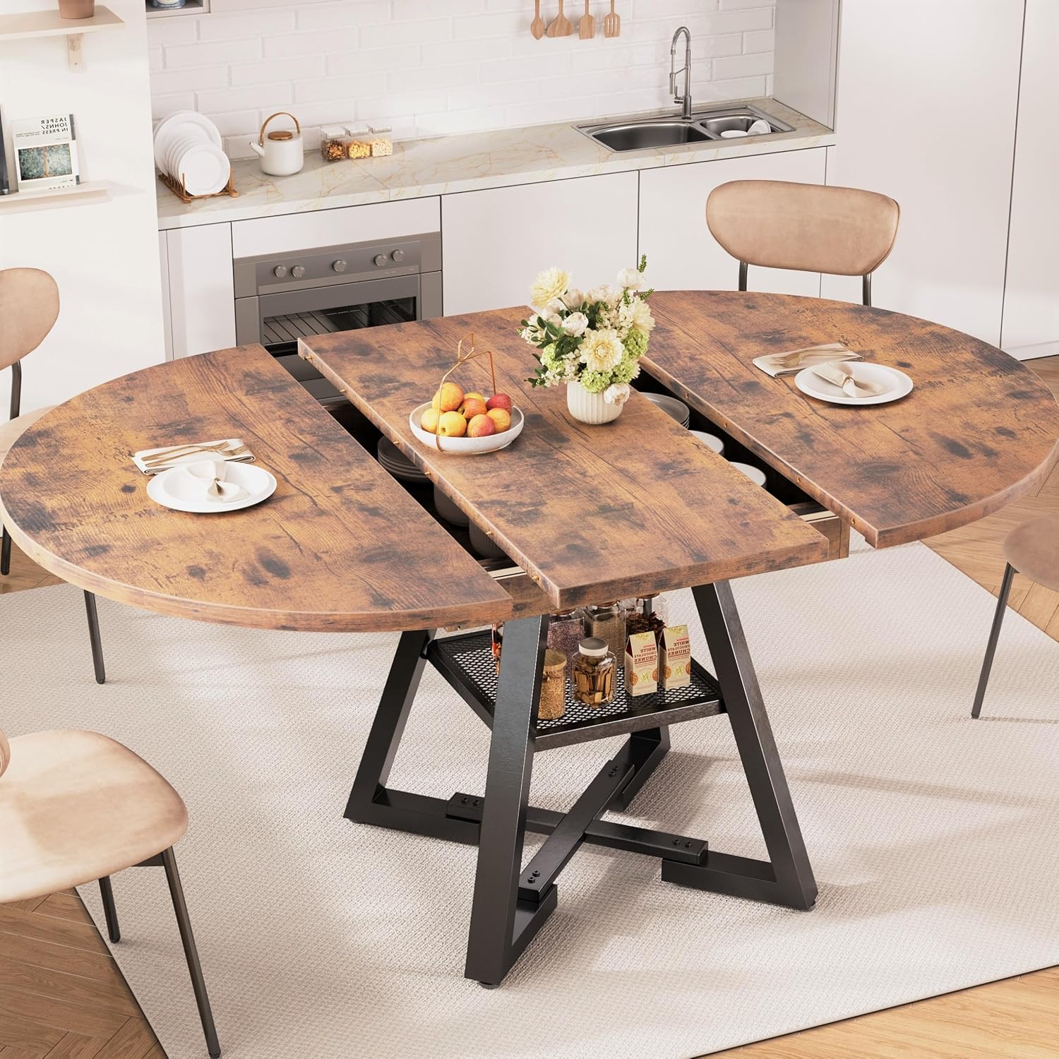 Vintage Extendable Round Oval Dining Table