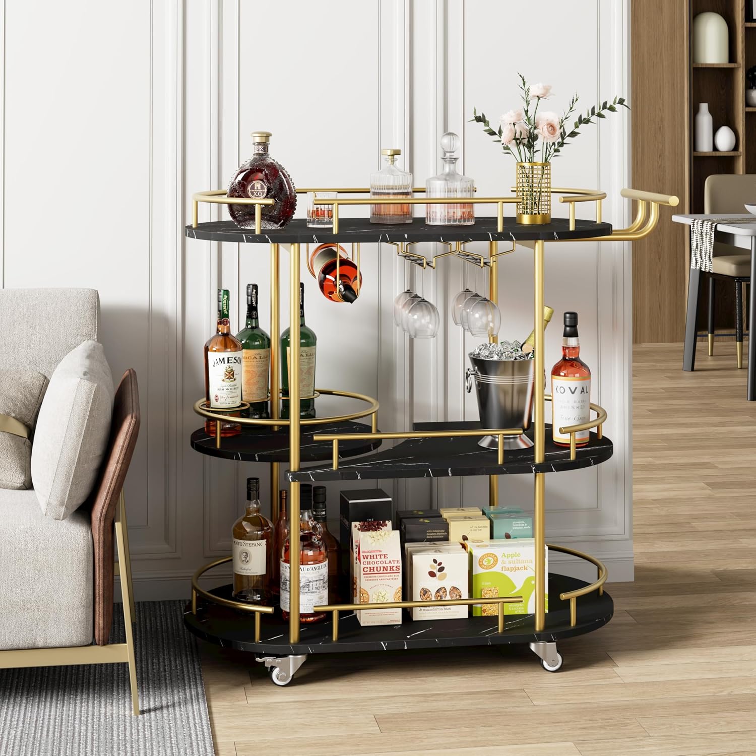 Gold Black 3-Tier Rolling Bar Cart